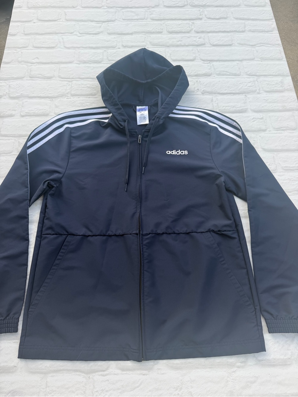 Adidas Men's Navy Hooded Track Jacket Navy with White Stripes Medium
